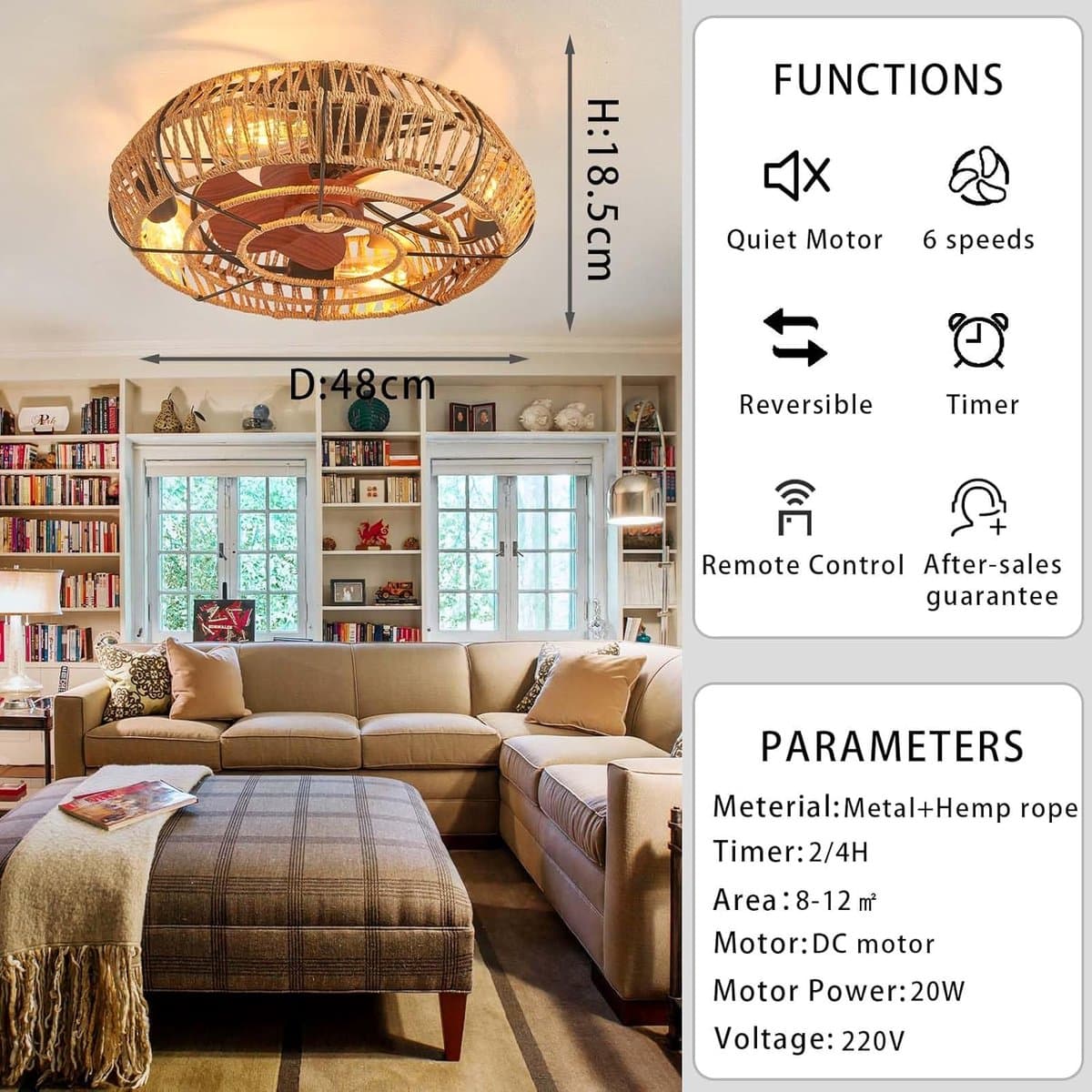 Plafondventilator Licht - Ventilatorlamp Kooi - Slaapkamer Woonkamer - Stil Omkeerbaar Dimbare - 48x48x18.5 cm - Zwart — afbeelding 1