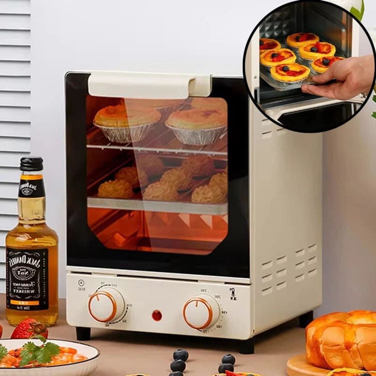 Airfryer - Heteluchtfriteuse - Broodrooster Oven - Keukenapparaten - met Voetkussens - Handgreep - Bak - Gegalvaniseerd binnenpaneel - Glazen deur - Jaloezie - 12L - 220V - 70-250 ℃ - 0-60 min Timingknop - Beige — afbeelding 1