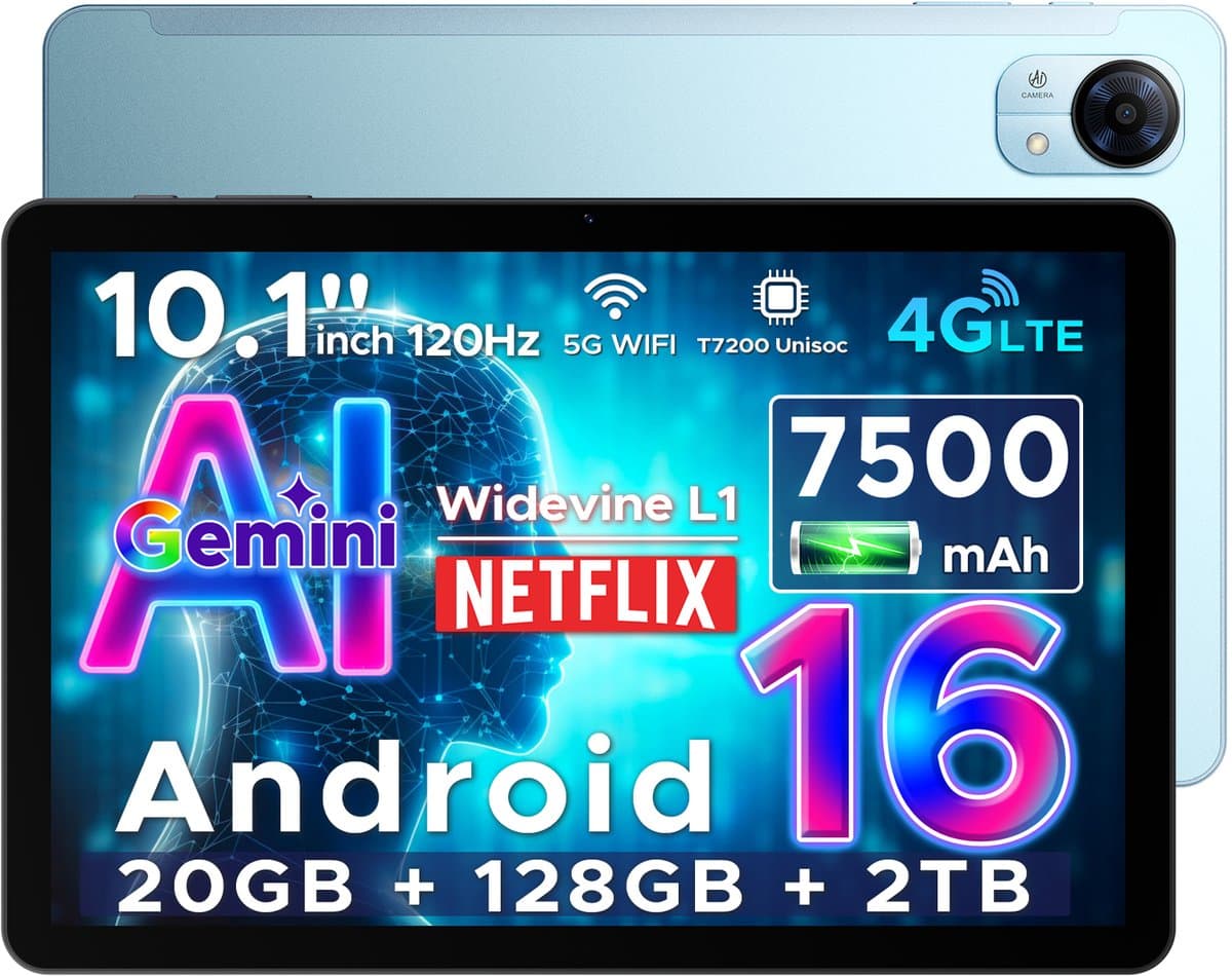 DOOGEE Tab G5 - Tablet - 20GB + 128GB (2TB TF) - 4G LTE - Android 16 - 10 inth 120Hz IPS HD - Unisoc T7200 - 7500mAh - 2 Lautsprecher - Widevine L1 - Face ID - GPS - Blauw — afbeelding 1