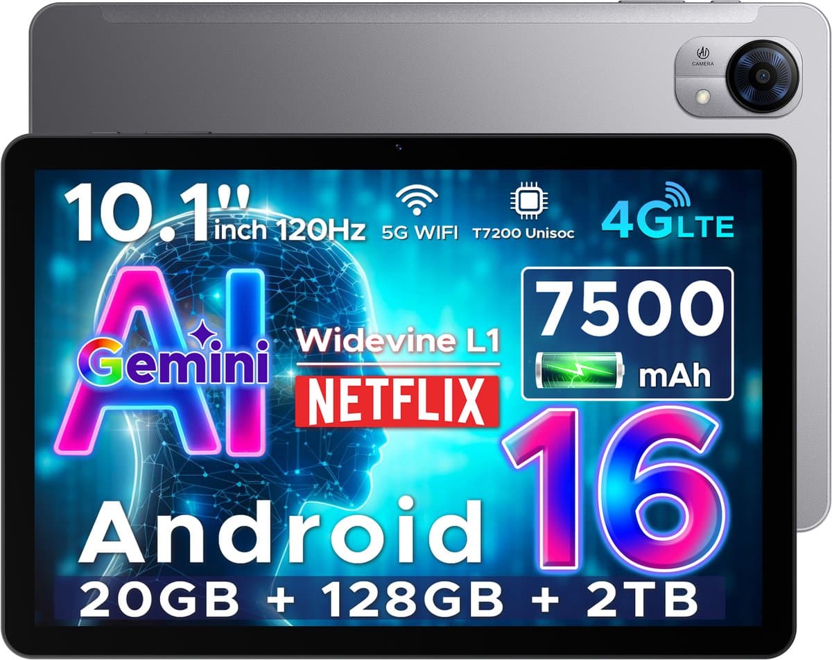 DOOGEE Tab G5 - Tablet - 20GB + 128GB (2TB TF) - 4G LTE - Android 16 - 10 inth 120Hz IPS HD - Unisoc T7200 - 7500mAh - 2 Lautsprecher - Widevine L1 - Face ID - GPS - Grijs — afbeelding 1
