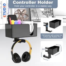 4-in-1 bureau-organizer - met twee kabeldoorvoeropeningen - draaibare hoofdtelefoonhouder - voor het opbergen van bekers, telefoons en pennen - zwart — thumbnail 3