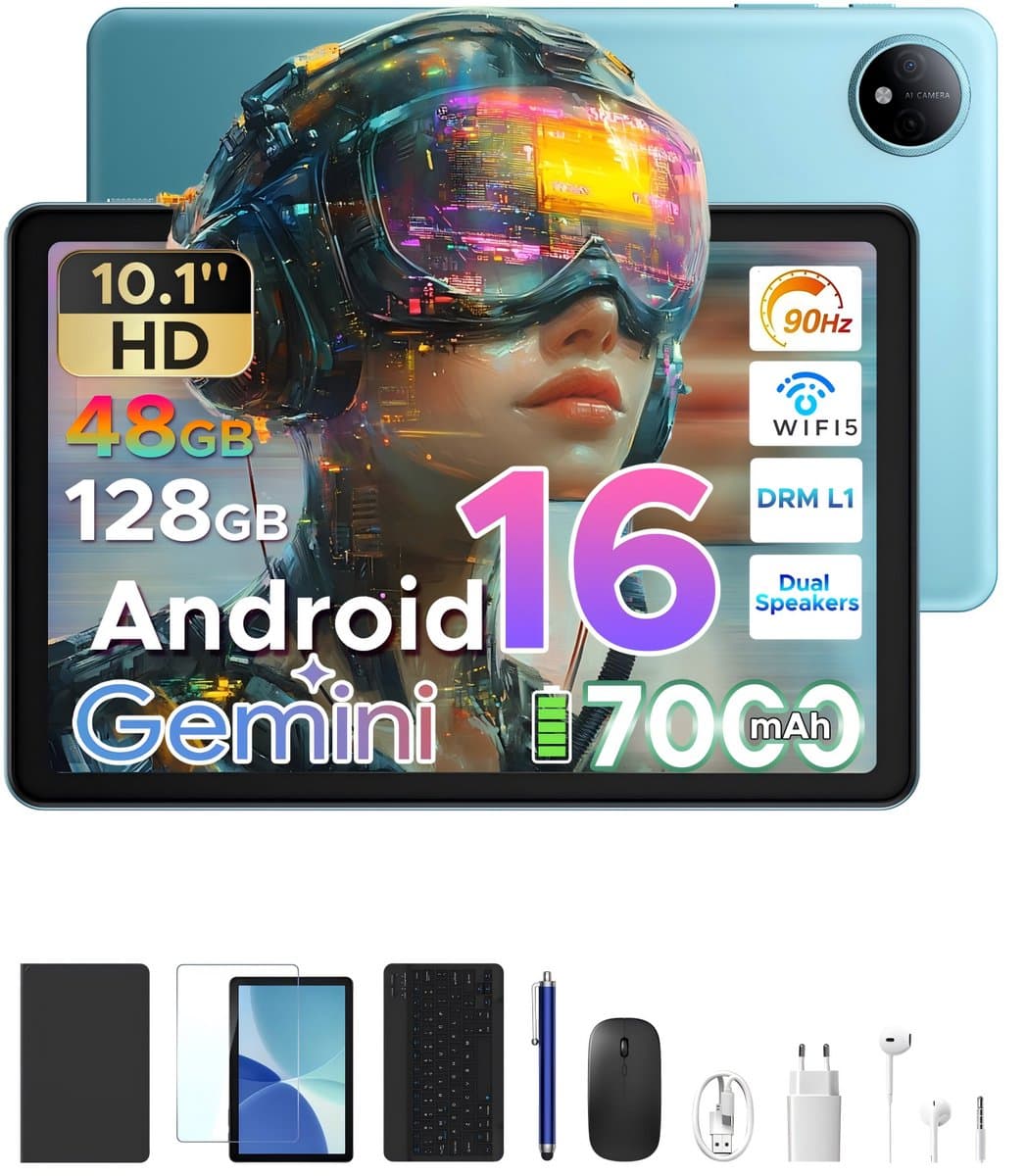 POCKAM P10 TAB - Gemini AI Tablet - 48 GB RAM (8+40 GB) + 128 GB ROM - 10,1 inch HD- Android 16 - 7000mAh - Quad-Core T310 - Dubbele luidsprekers - Volledige accessoirebundel met toetsenbord en stylus — afbeelding 1