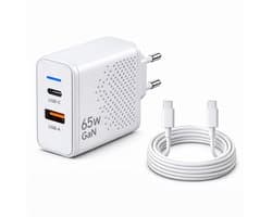 Gmedia USB-C Oplader 65W - inclusief 1 meter USB-C naar USB-C 60W – 2-Poorts Snellader met USB-C PD & USB-A QC 3.0 – Krachtige Universele Adapter voor Telefoon, Tablet & Laptop - Wit