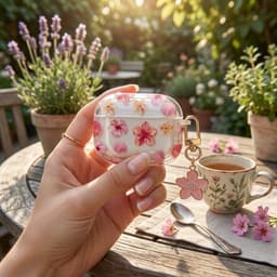 Transparant roze hoesje voor oordopjes dames met bloemen patroon en decoratieve hanger geschikt voor AirPods Pro 3 met ronde vorm en goudkleurige clip — thumbnail 5