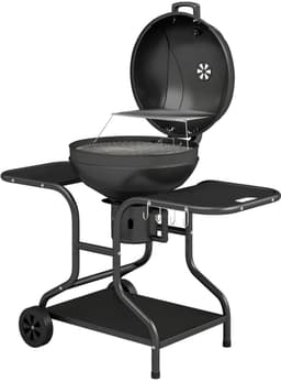Premie Houtskool Barbecue - Houtskoolgrill met Rookfunctie - Grillrooster - Grilloppervlak Ø54 cm - met Bijzettafels, Deksel, Thermometer en Wielen - BBQ voor Kamperen, Buiten, Tuin - 129 x 63,5 x 106,5 cm - Zwart — thumbnail 1