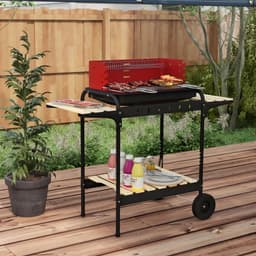 Premie Houtskool Barbecue - in Hoogte Verstelbaar Grillrooster - Grilloppervlak 53x34cm - met Houten Plank en Wielen - BBQ voor Kamperen, Buiten, Tuin - 103x47x95 cm - Rood — thumbnail 3