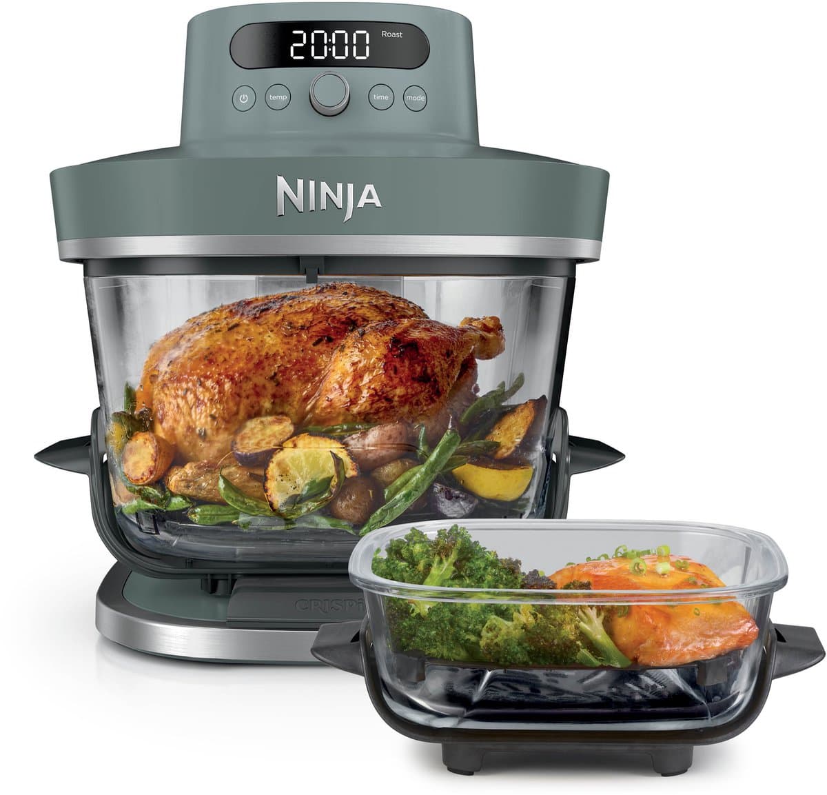 Ninja CRISPi PRO 7-in-1 Glazen Airfryer met 7 functies - Airfryen, Bakken, Braden, Rijzen, Drogen. Max Crisp en Opnieuw krokant maken - 2.3 liter en 5.7 liter glazen schaal - PFAS vrij koken - Grijsgroen - AS101EUGY — afbeelding 1