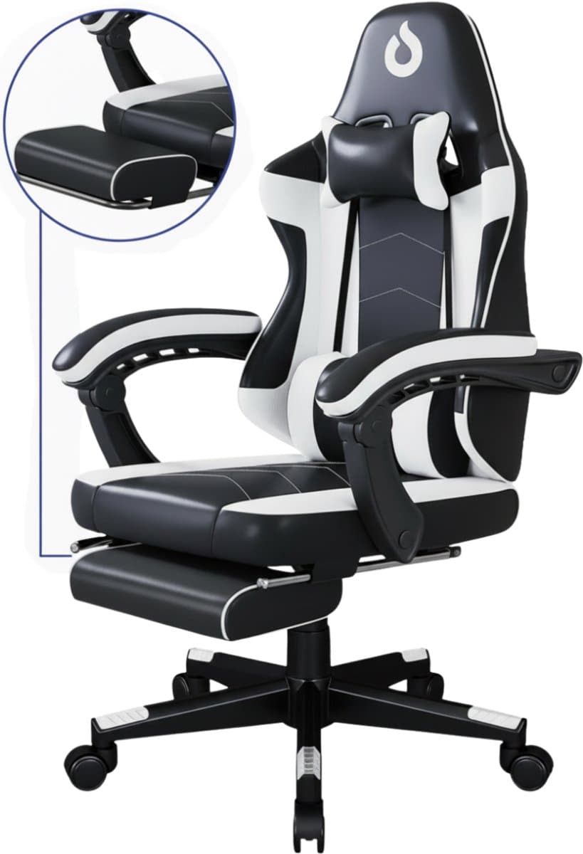 Stane Verstelbare Ergonomische Gamestoel met Voetsteun - Bureaustoel Gaming chair - Game Stoel Zwart/Wit — afbeelding 1