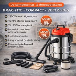 Industriële Nat- en Droogzuiger 3-in-1 – 15 Liter – 1200W – Met Blaasfunctie – Waterdichte Bouwstofzuiger — thumbnail 2