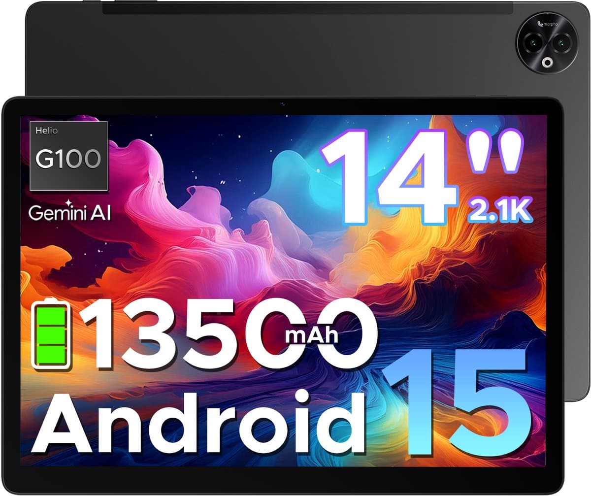 DOOGEE Tab E3 Max - Tablet - 32GB ROM+256GB ROM（2TB TF）- Android 15 - 14 inth IPS - 4G LTE - Gemini AI - Helio G100 - 13500mAh/18W - Quad Speakers - Face ID - 5G Wi-Fi - A GPS - GPS - Zwart — afbeelding 1