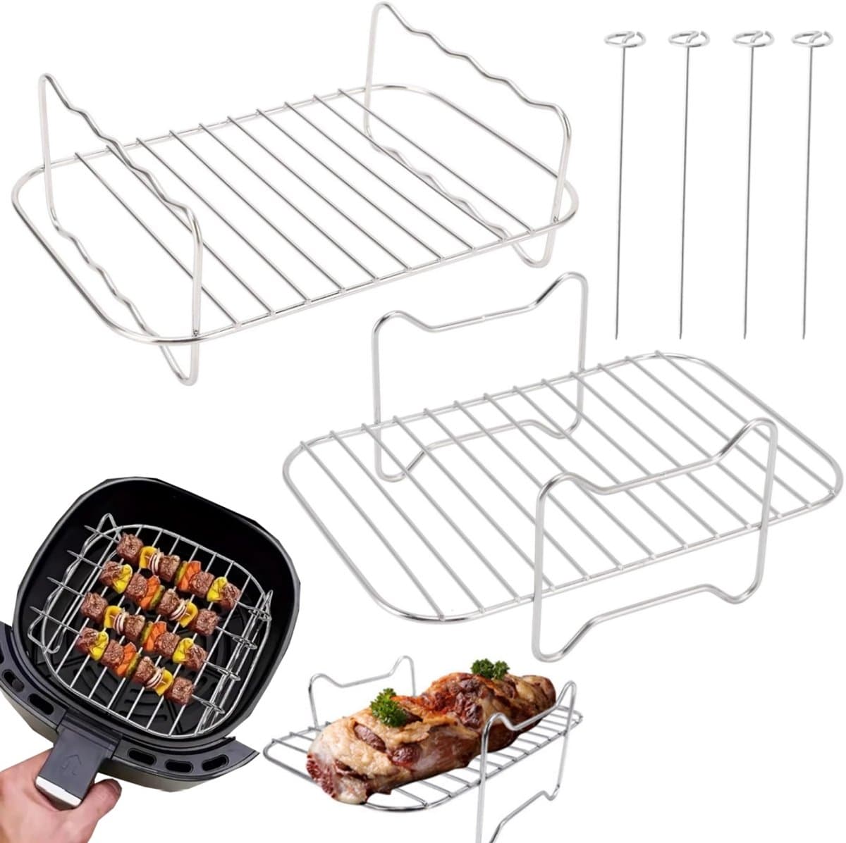 2-delig grillrooster - Stoomrek voor frituurpan - Dubbellaags grillrooster van roestvrij staal - Vierkant barbecuenet - Accessoires voor airfryer - met 4 vleesspiesnaald - Voor frituurpannen, ovens en magnetrons (zilver - diverse maten) — afbeelding 1