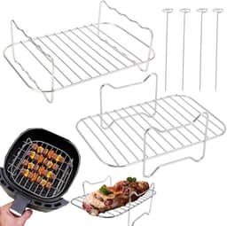 2-delig grillrooster - Stoomrek voor frituurpan - Dubbellaags grillrooster van roestvrij staal - Vierkant barbecuenet - Accessoires voor airfryer - met 4 vleesspiesnaald - Voor frituurpannen, ovens en magnetrons (zilver - diverse maten) — thumbnail 1