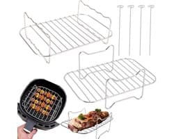 2-delig grillrooster - Stoomrek voor frituurpan - Dubbellaags grillrooster van roestvrij staal - Vierkant barbecuenet - Accessoires voor airfryer - met 4 vleesspiesnaald - Voor frituurpannen, ovens en magnetrons (zilver - diverse maten)