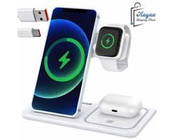 3-in-1 Draadloze Oplader – Fast Wireless Charging Station 15W – LED Inductie Oplaadstation voor Telefoon, Horloge & Oordopjes– wireless charging station – oplader telefoon horloge oordopjes – inductie oplader – smartwatch oplader draadloos – 85616