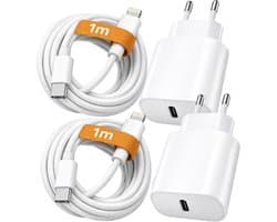 USB-C Snellader 20W Duo Set – 2x Oplader + 2x 1m Lightning Kabel – Geschikt voor iPhone 5 t/m 14 & iPad – Wit