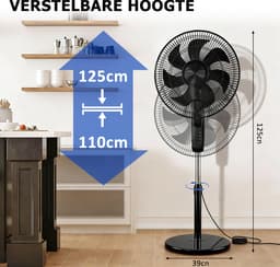 Staande ventilator 60W - Statiefventilator met 6 Snelheden - Vloerventilator met met Afstandsbediening - Ventilator in Hoogte Verstelbaar 110 tot 125 cm - Timer - Kantelbaar en Oscillerend - 53dB - Zwart — thumbnail 4