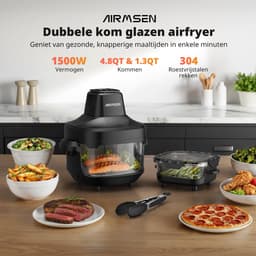 AIRMSEN Airfryer - Heteluchtfriteuse - Volledig zichtbaar venster - 1500W - Met 2 glazen frituurmanden (4,5L & 1,2L) - PFAS-vrij - 4 kookprogramma's - Eenvoudig te reinigen - Zwart — thumbnail 6