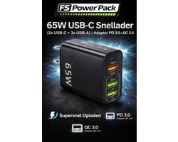 65W USB-C Snellader – 5 Poorten (2x USB-C + 3x USB-A) | PD 3.0 & QC 3.0 |FS Power Pack Adapter Universele Multiport Oplader voor iPhone, Samsung, iPad, Laptop & Meer-Zwart