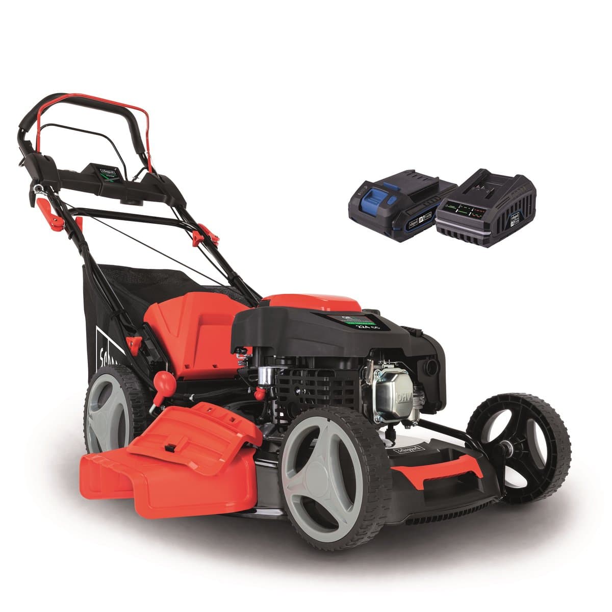 Scheppach Grasmaaier Benzine met hybride start M225-53E - Zelfrijdend - Mulchfunctie - 53cm maaibreedte - Maaihoogte in 7 stappen verstelbaar: 25-75mm - 4-takt - 224cc - 6pk - Voor tuinen tot 1800m² - met 65L opvangbak — afbeelding 1