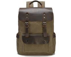 DE LAMASSU® Vintage Canvas Rugzak 15 inch Laptop – Waterafstotend – Echt Leer – 31x11x45 cm – Unisex – Werk & Reizen