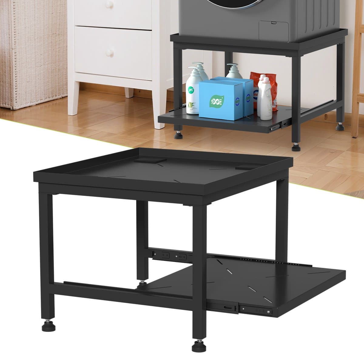 Wasmachine Verhoger Met Uitschuifbare plank - Wasmachine opbouwmeubel - Wasmachine Sokkel - 63x54x45.5cm - Zwart — afbeelding 1