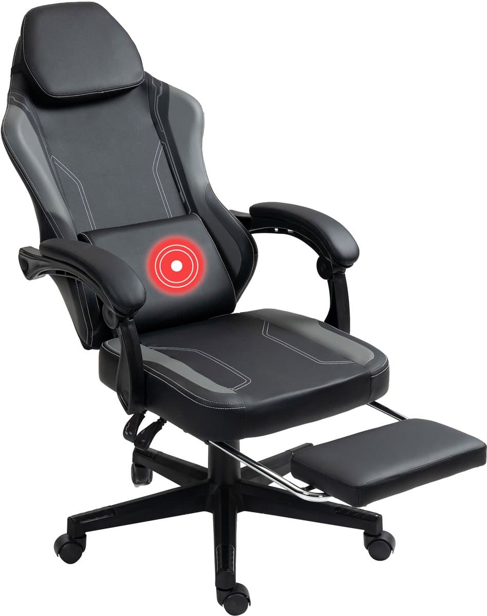 VDD Gaming - Gamestoel met massagefunctie en voetsteun - Gaming chair in de kleur Zwart/Grijs - Game stoel met nekkussen & verstelbaar rugkussen - Ergonomische bureaustoel met padded armsteunen - Max draagvermogen 150 kg - Verstelbare ruggensteun — afbeelding 1