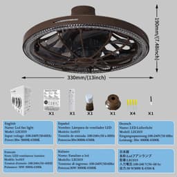 Nivard Plafondventilator - Met Verlichting - Plafond Ventilator - Met Lamp - Plafonniere Met Ventilator - Met Licht - Koffie - 33cm — thumbnail 2