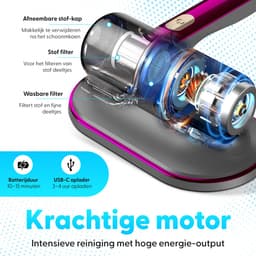 Roxa Huisstofmijt stofzuiger - UV Lamp Sterilisator - Reiniger - Bank & Matras - Tapijt - Meubel & Zetel - Machine - Bacterie, Mijt & Schimmel Bestrijder - Zonder Zak - USB-C Opladen - Paars/grijs — thumbnail 3