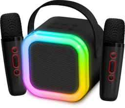 PartyFunLights Mini duo karaoke set party speaker - met twee microfoons zwart - Discoverlichting - Draadloos - Voor volwassenen en kinderen — thumbnail 1