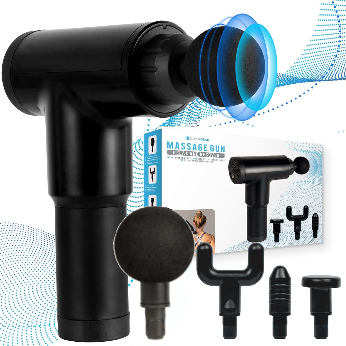 Massage Gun Professioneel 4 Opzetstukken - Helpt je Spieren Ontspannen - Draadloos & Stil - 22 x 17 x 6,9 cm - Sporten - Ontspanning - Massage Pistool - Massage Apparaat - Zwart - Silvergear — afbeelding 1