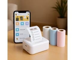 Mini Pocket Printer 300 DPI – Bluetooth Thermische Printer Zonder Inkt – Incl. 8 Rollen + Smartphone Labelprinter 8x8x4 cm – Zwart-Wit Printer voor Stickers, Notities & Cadeau Idee – USB-C