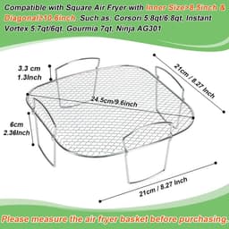 8-inch Vierkant Airfryerrek, Droogrek van Roestvrij Staal, Vierkante Airfryer Accessoires, Geschikt voor Cosori, Instant Vortex, Gourmia, Ninja Foodi Grill en meer. — thumbnail 3