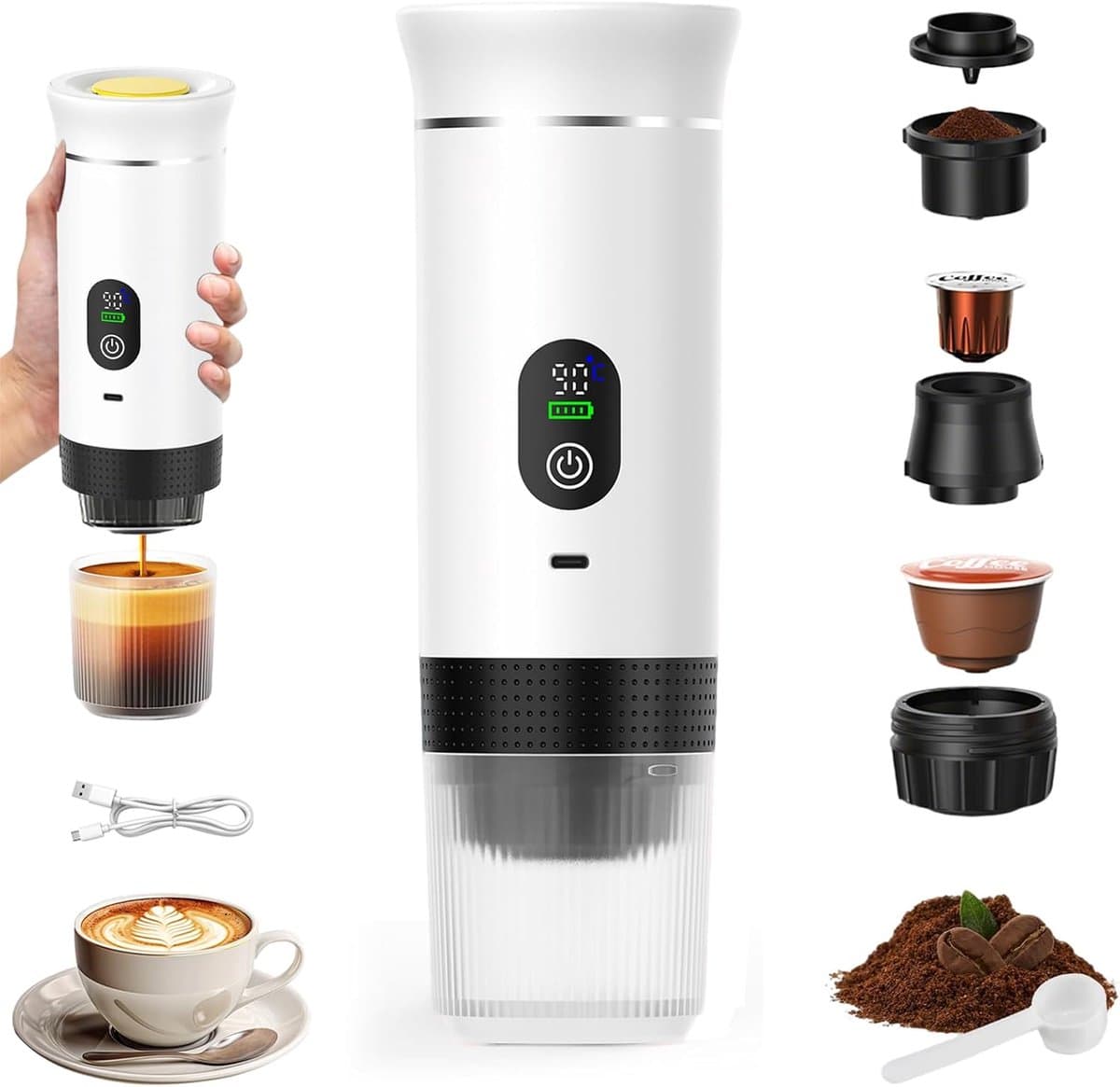Draagbaar koffiezetapparaat 3-in-1 - Oplaadbaar, draagbaar reiskoffiezetapparaat - 20-25 uur - 12V espressomachine voor capsule-Capaciteitsupgrade -CNC - Verhoogde capaciteit-gemalen koffie - voor kamperen, reizen, kantoor, auto en thuis (Wit) — afbeelding 1
