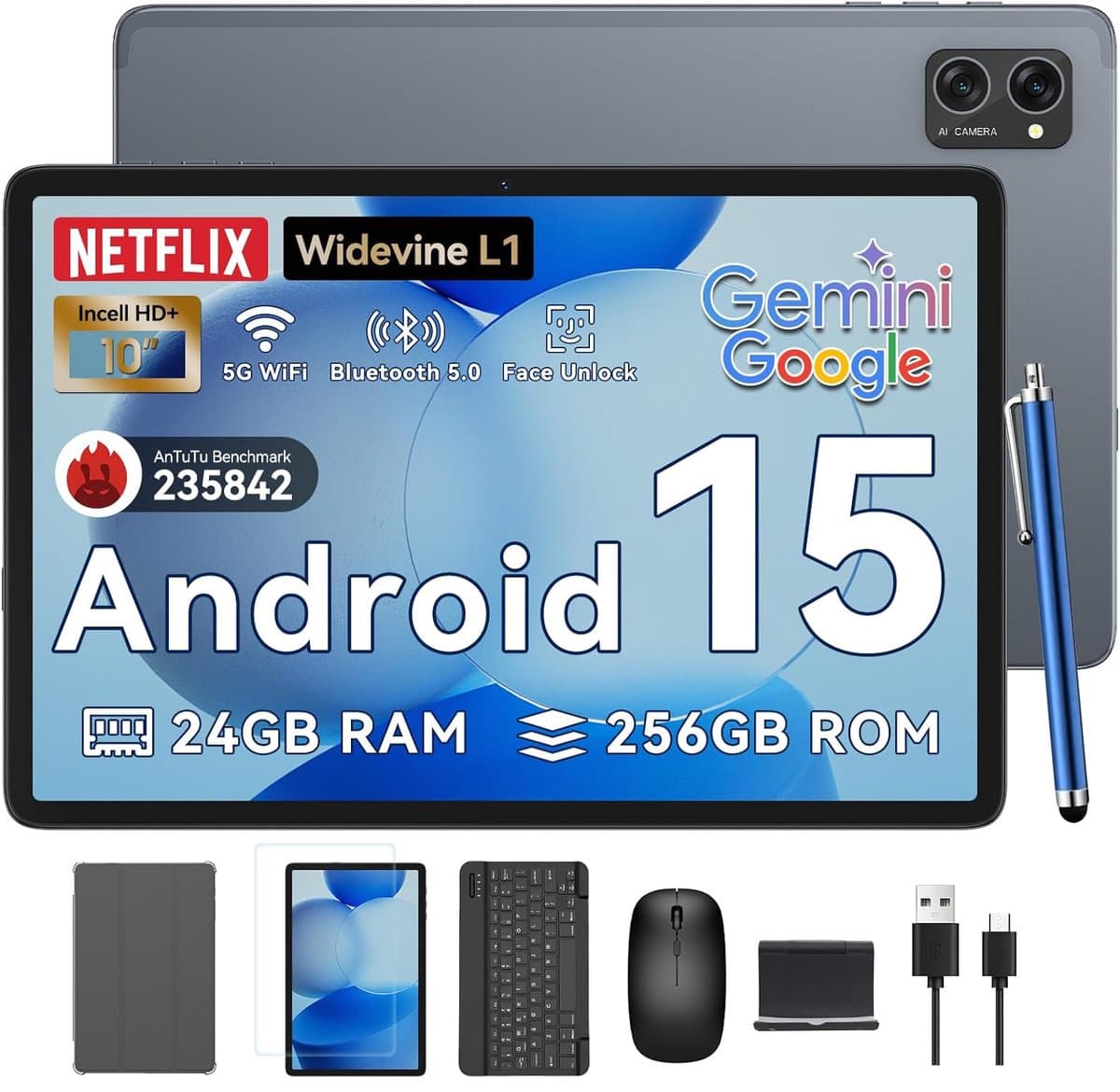 TABWEE T20 Tablet - 5G WiFi Tablet - 24GB RAM - 256GB - 5000mAh - Android 16 - Met Toetsenbord - Muis - Pen - Hoes - Octa-core - Grijs — afbeelding 1