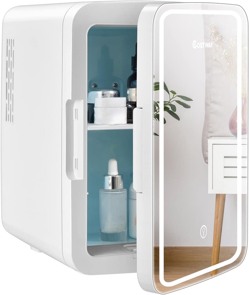 COSTWAY Mini koelkast, 10 L Draagbare AC / DC schoonheid koelkast met LED-spiegel, afneembare planken voor huidverzorging, make-up, drank, Compacte koelkast, Thermo-elektrische koeler / verwarming voor auto, slaapkamer — afbeelding 1