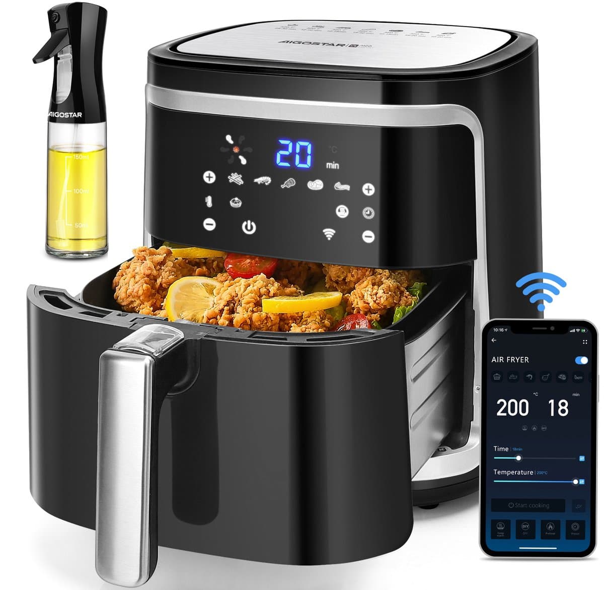 Aigostar Cube Smart - Airfryer XXL - Heteluchtfriteuse - 7 Liter - App Connect - 1900W - 360 Graden Hete Lucht Circulatie - 7 in 1 kookfuncties - Zwart — afbeelding 1