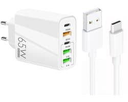 65W 5-Poorts USB Lader met Dual USB-C PD + 3X USB-A - Inclusief 1 meter 3A USB naar 8-Pin Kabel - Snellader - wit