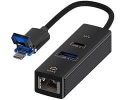 USB + 8-Pin naar USB-C Female + RJ45 Ethernet + USB-A Adapter – Multiport Converter voor iPhone, iPad en laptop - zwart