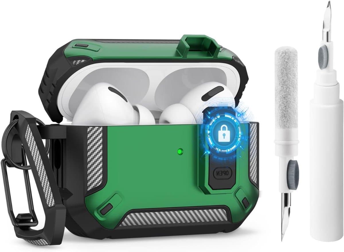 Beschermhoes en Reinigingsset voor AirPods Pro 2de/1ste Generatie - Valbescherming - Zwart/Groen - Geschikt voor 2023/2022/2019 — afbeelding 1