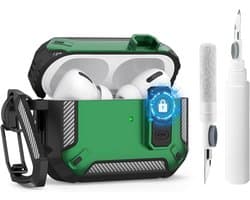 Beschermhoes en Reinigingsset voor AirPods Pro 2de/1ste Generatie - Valbescherming - Zwart/Groen - Geschikt voor 2023/2022/2019