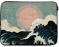 Laptophoes 17 inch - Vintage - Zee - Golven - Zon - Laptop sleeve - Binnenmaat 41x28 cm - Zwarte achterkant