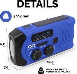 Noodradio - Solar - Opwindbaar - Blauw - Powerbank Zonne-energie - Zaklamp - Opwindbare Radio - Noodpakket — thumbnail 2