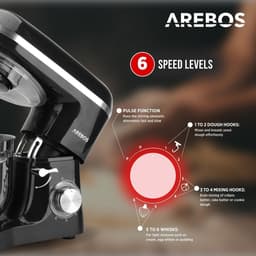 AREBOS Keukenmachine - 1500W - Keukenrobot - 6L - Keukenmixer - Foodprocessor - Roestvrij Stalen Mengkom - 6 Snelheden - Zwart — thumbnail 4