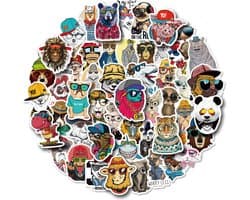 Coole Dieren Stickers | 50 stickers | Grappig, Zonnebril, tijger, hond, kat, vogel, vis   - voor laptop, agenda, koffer, etc. (geschikt voor kinderen)