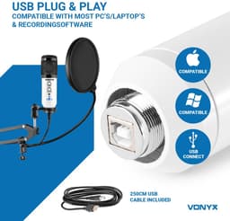 USB microfoon voor pc - Studio microfoon met standaard - Vonyx CMS320 Condensator - Ruisfilter- Wit — thumbnail 3