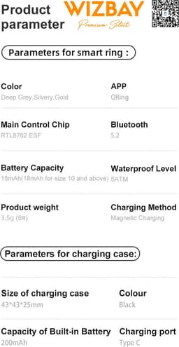 WizBay Premium Select® Smart Ring Zilver - Hartslag, Slaap, Zuurstof - Multi Sport Modi - Oplaadcase - Maat 8 — thumbnail 2