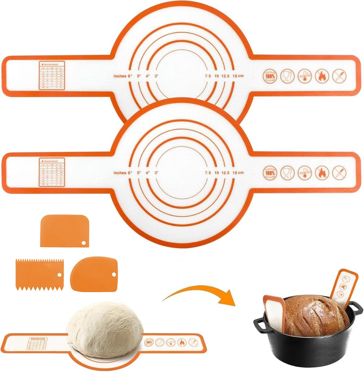 2 Stuks Bakmat Voor Nederlandse Oven - Met 3x Deegschraper - Siliconen Bakmat - Broodslinger - Hittebestendig Tot 230° - Deegmat - Broodbakmat - BPA-Vrij - Herbruikbare Nederlandse Ovenvoering Met Lange Handvatten - Voor Airfryer, Oven En Magnetron — afbeelding 1