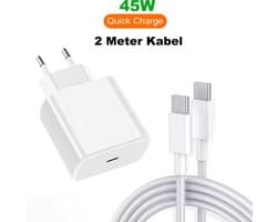Compatible Power Adapter USB-C Snellader + 2 Meter USB C naar USB C Kabel - Geschikt voor Macbook/iPad/iPhone 15/16/Plus/Pro/Max Fast Charge Quick Lader Oplader - 45W - Wit