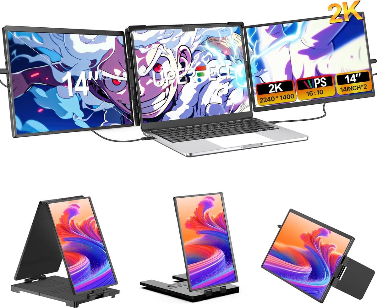 UPERFECT Portable Monitor Dual Screen G12 14" 2K Draagbare monitor| 100% sRGB | 180° Auto-Rotatie | Dual Mini HDMI/USB-C | Anti-verblindend IPS — afbeelding 1
