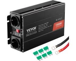 VEVOR Sinusomvormer, 1500W DC 12V AC 230V Stroomomvormer met 2 AC-aansluitingen 2 USB-poorten 1 Type-C-poort 6 Vervangende Zekeringen voor Kleine Huishoudelijke Apparaten zoals Smartphone-Laptops